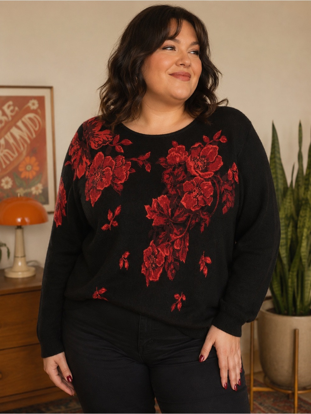 C.D. Daniels Black Red Rose Pullover Sweater Crew Neck 1X
